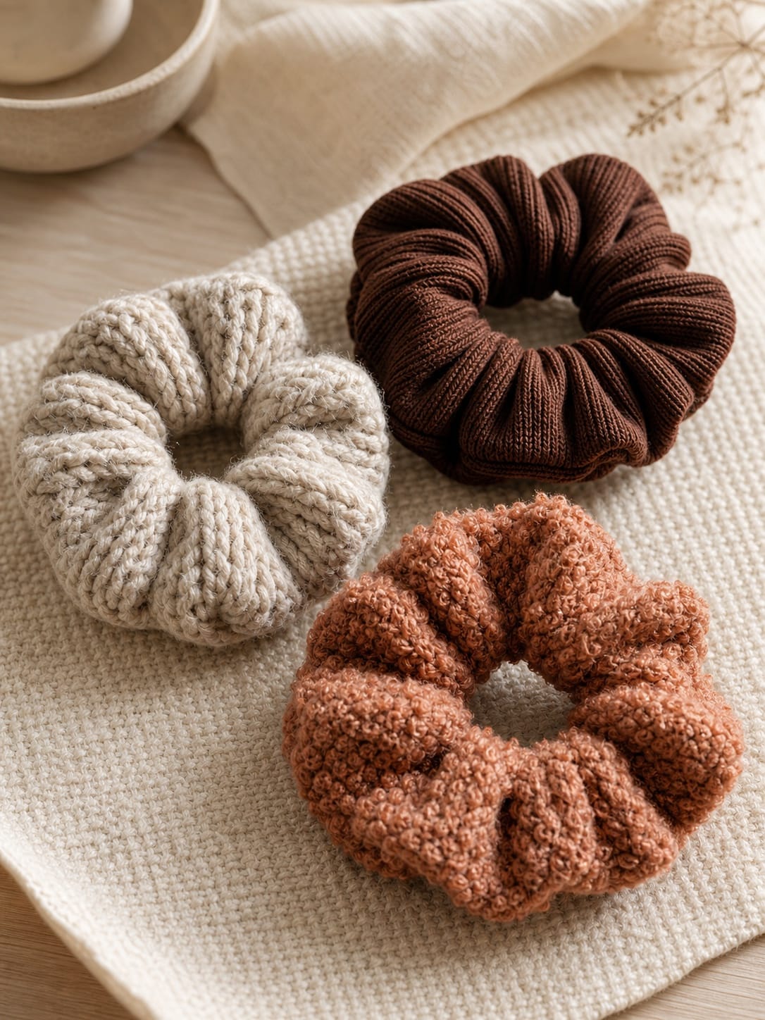 Scrunchies in knit, rib and bouclé