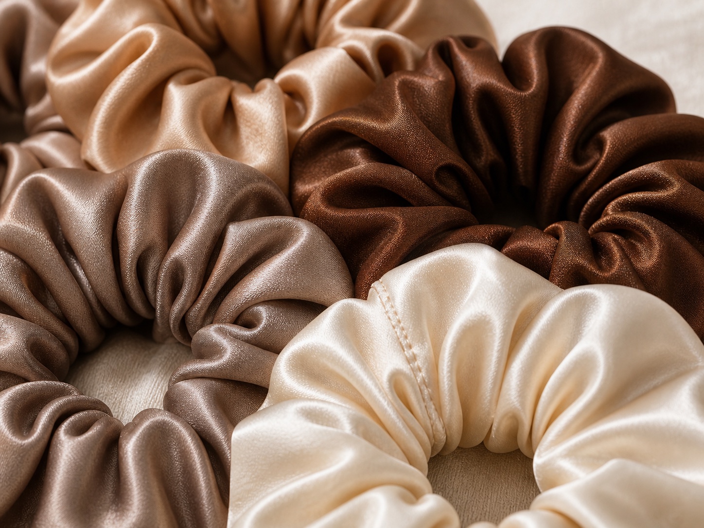 Detalje af fyldige satinscrunchies